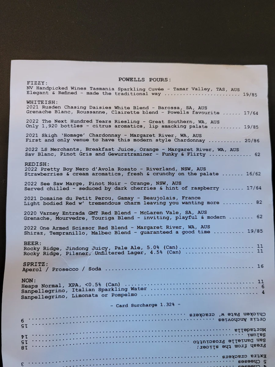 Menu, Powells Fromagerie & Wine Bar