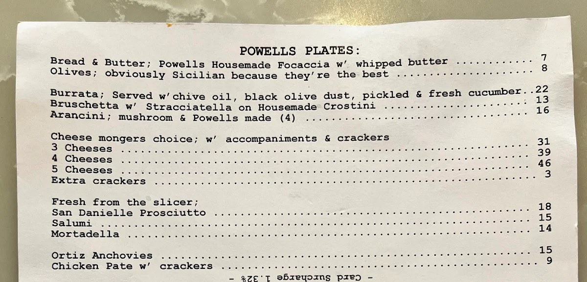 Menu, Powells Fromagerie & Wine Bar
