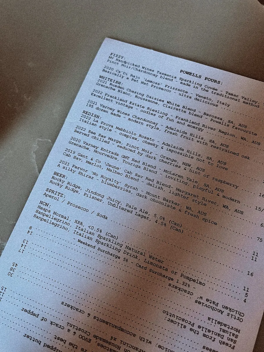 Menu, Powells Fromagerie & Wine Bar