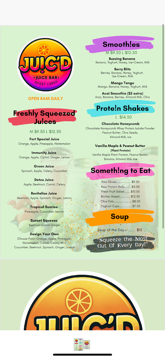 Menu, Juic’d @ Fort Largs