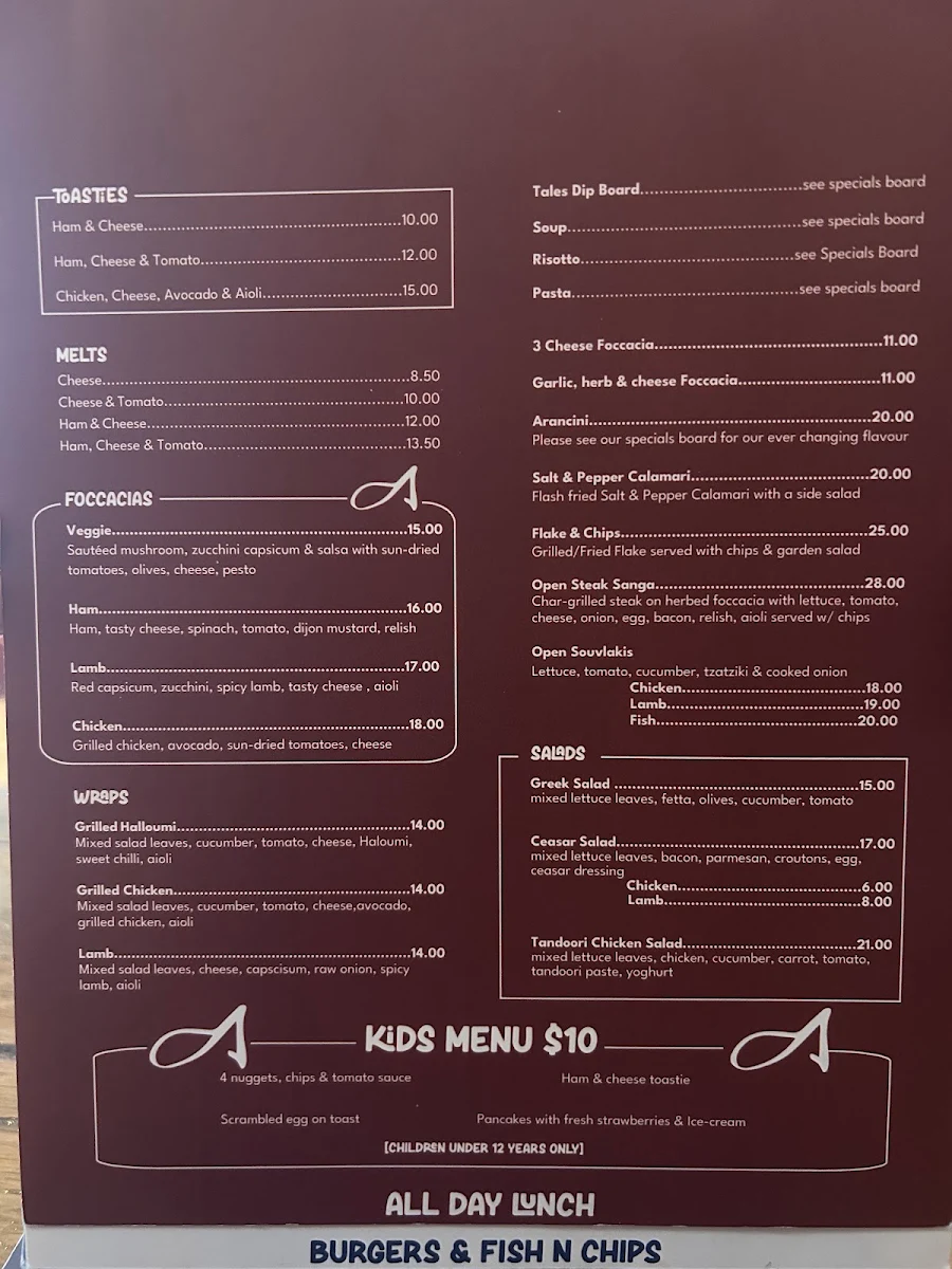 Menu, Fishtales Cafe