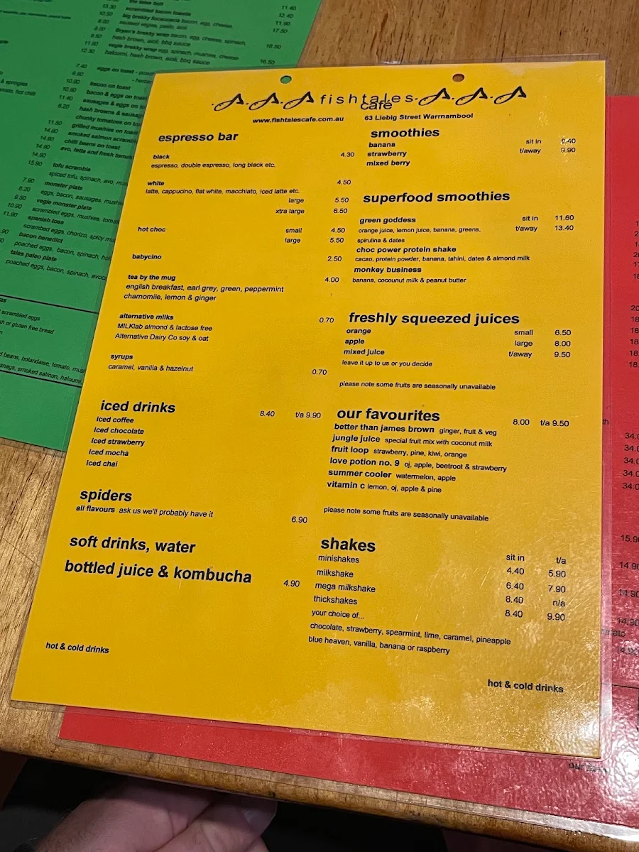 Menu, Fishtales Cafe
