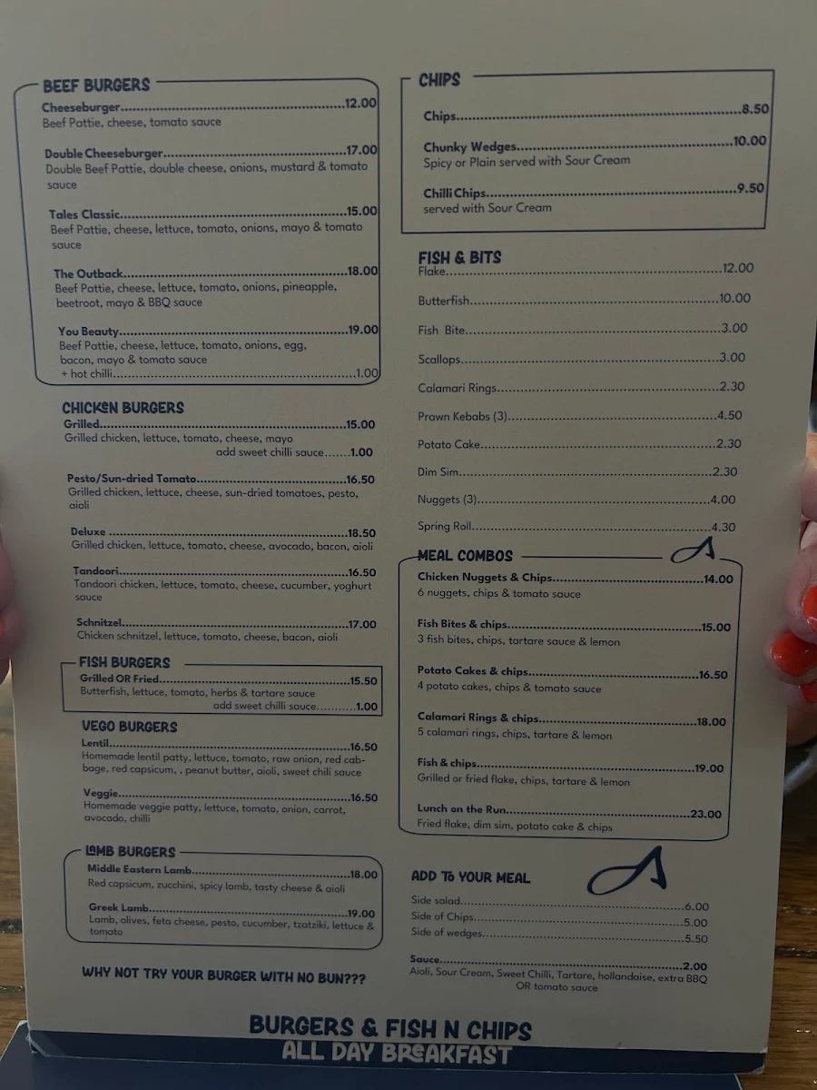 Menu, Fishtales Cafe