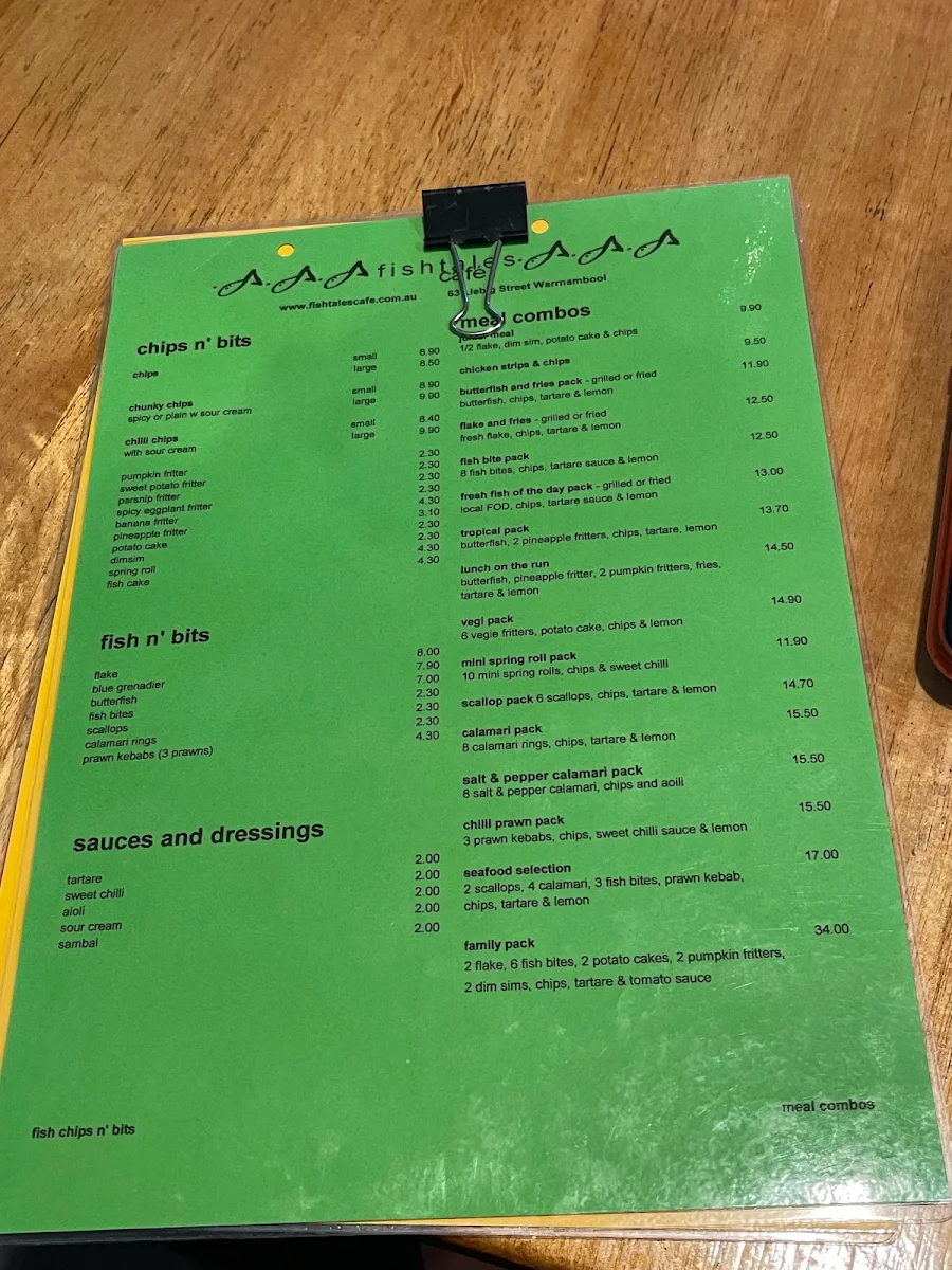 Menu, Fishtales Cafe