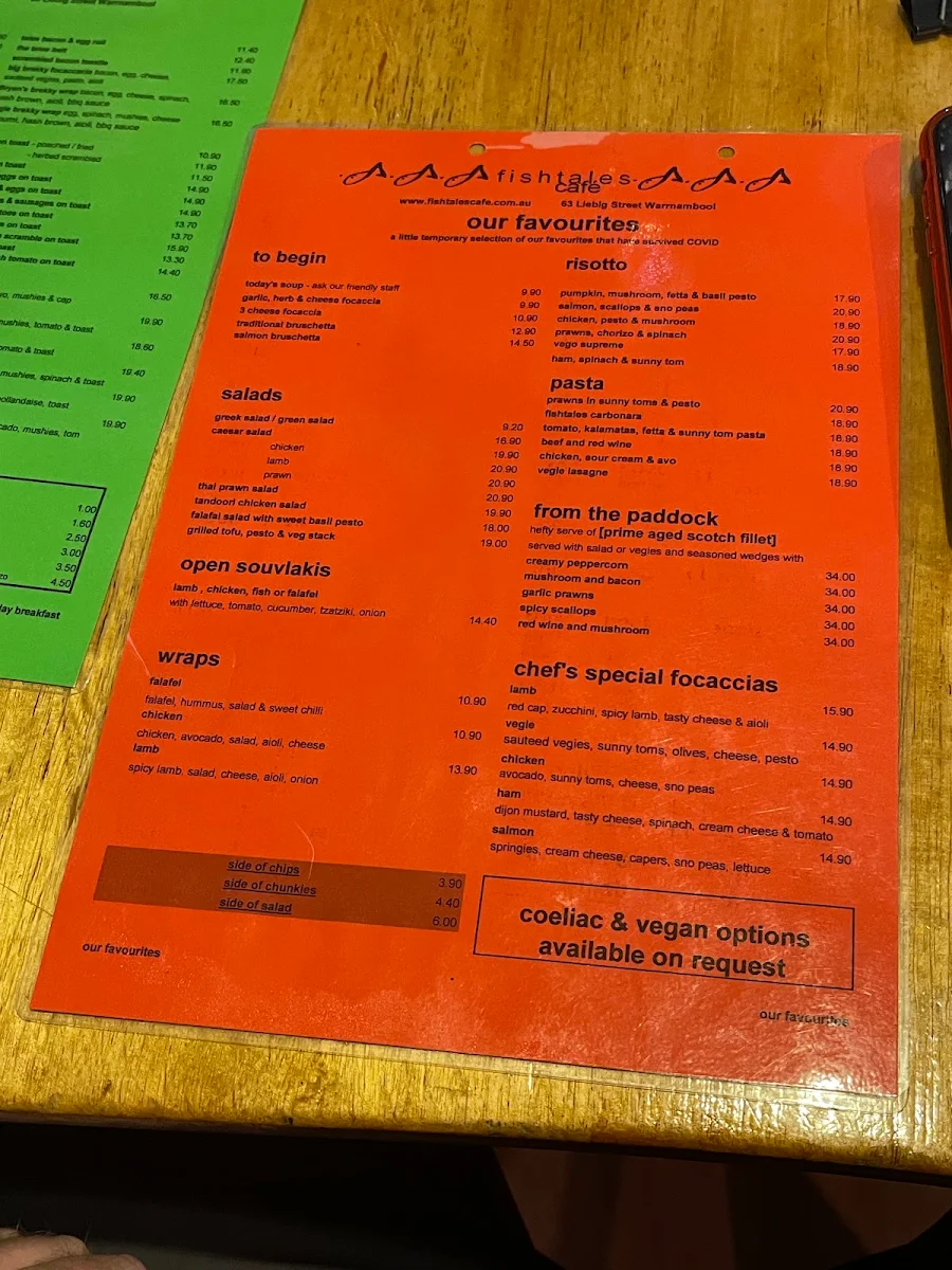 Menu, Fishtales Cafe
