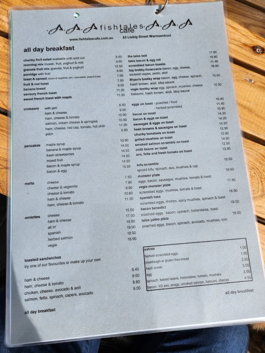 Menu, Fishtales Cafe