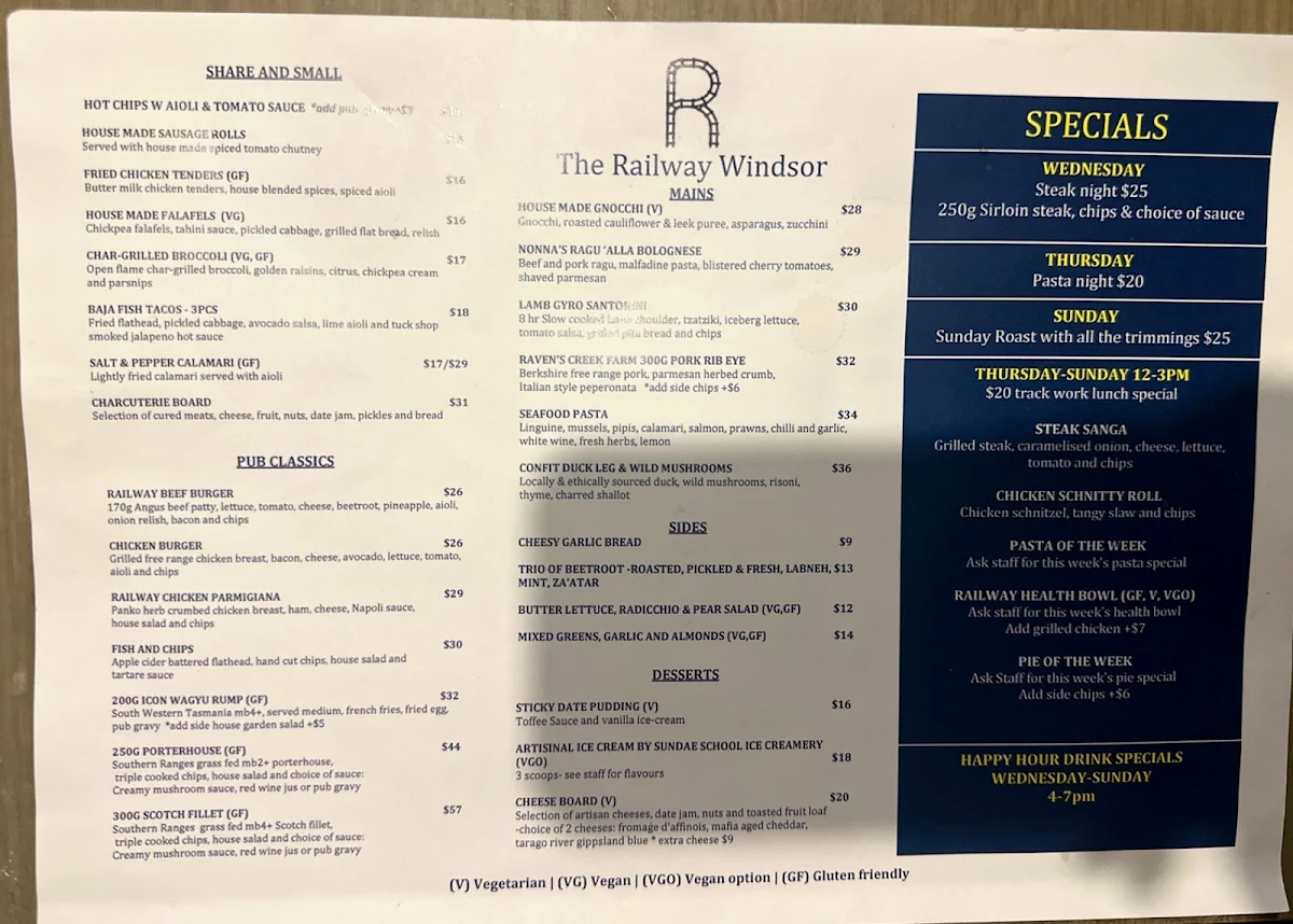 Menu, The Railway Hotel- Windsor