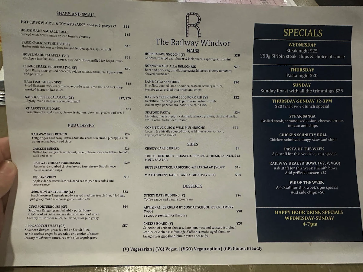 Menu, The Railway Hotel- Windsor