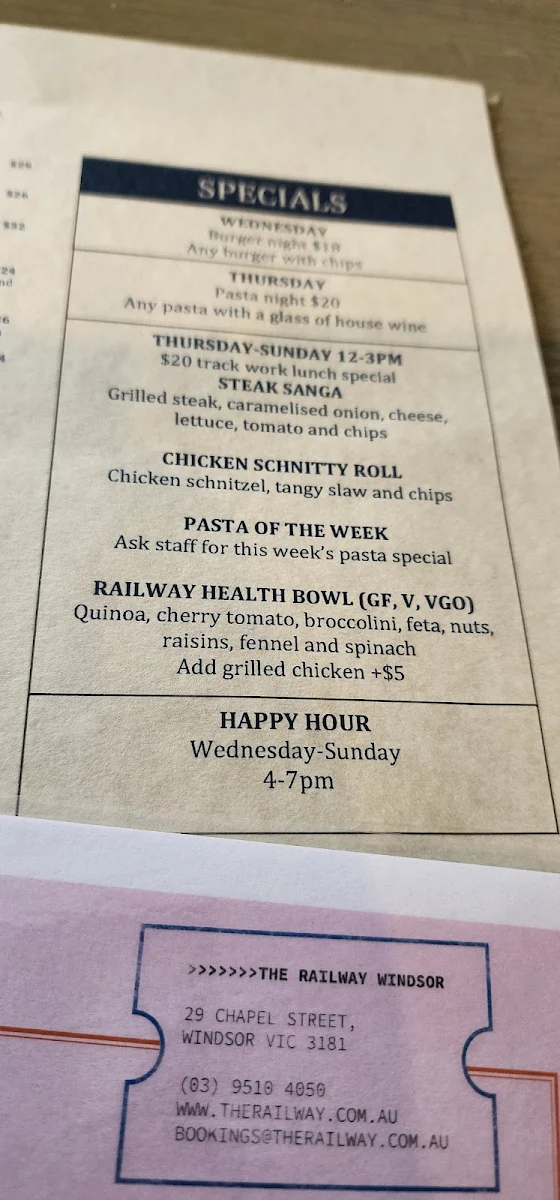Menu, The Railway Hotel- Windsor