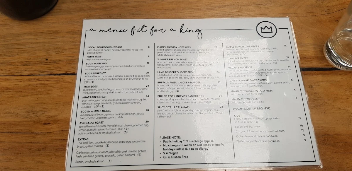 Menu, King Of The Castle Cafe