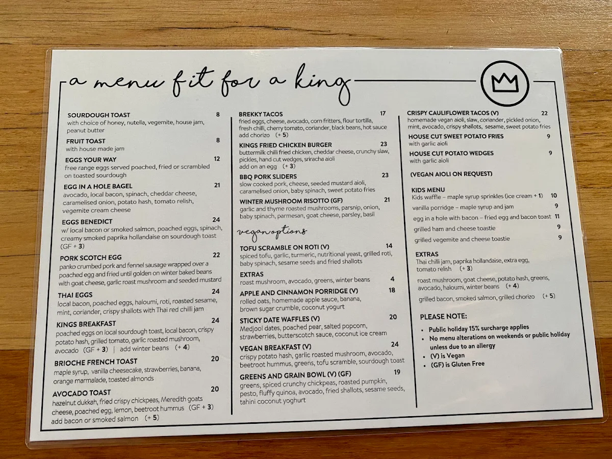 Menu, King Of The Castle Cafe