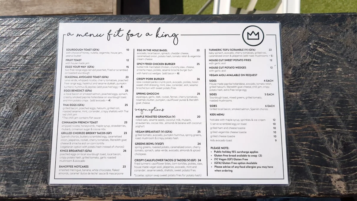 Menu, King Of The Castle Cafe