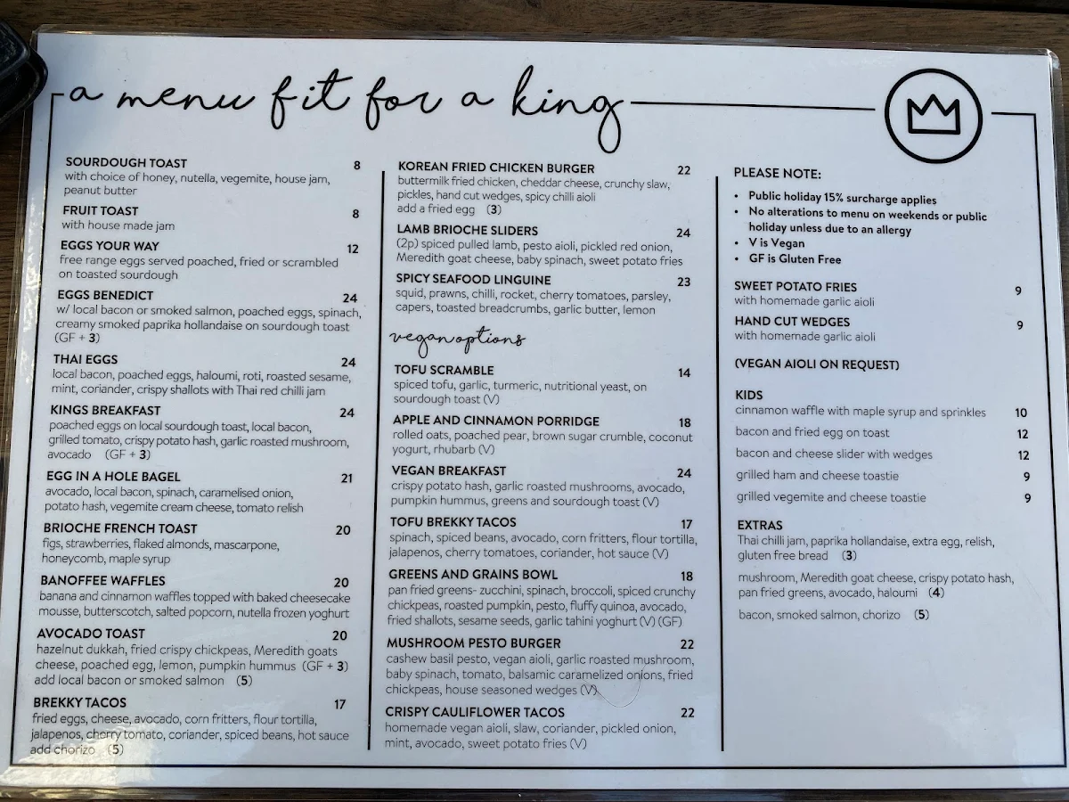 Menu, King Of The Castle Cafe