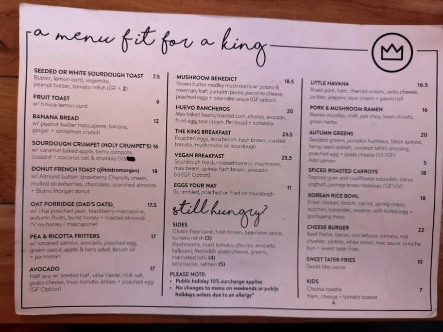 Menu, King Of The Castle Cafe