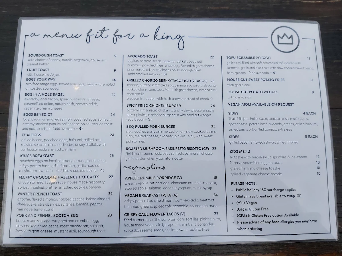 Menu, King Of The Castle Cafe