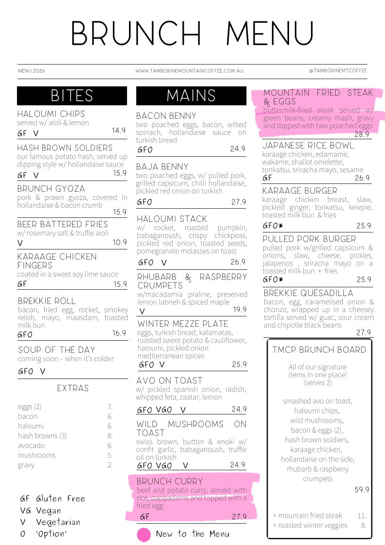 Menu, Tamborine Mountain Coffee Plantation