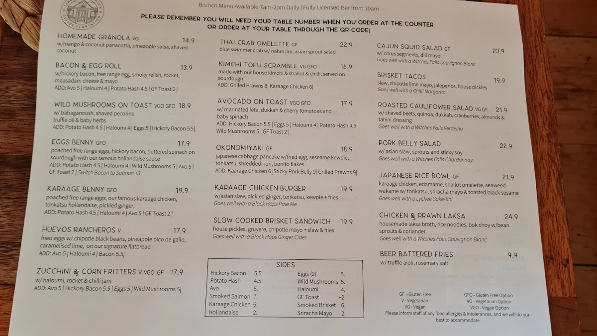 Menu, Tamborine Mountain Coffee Plantation