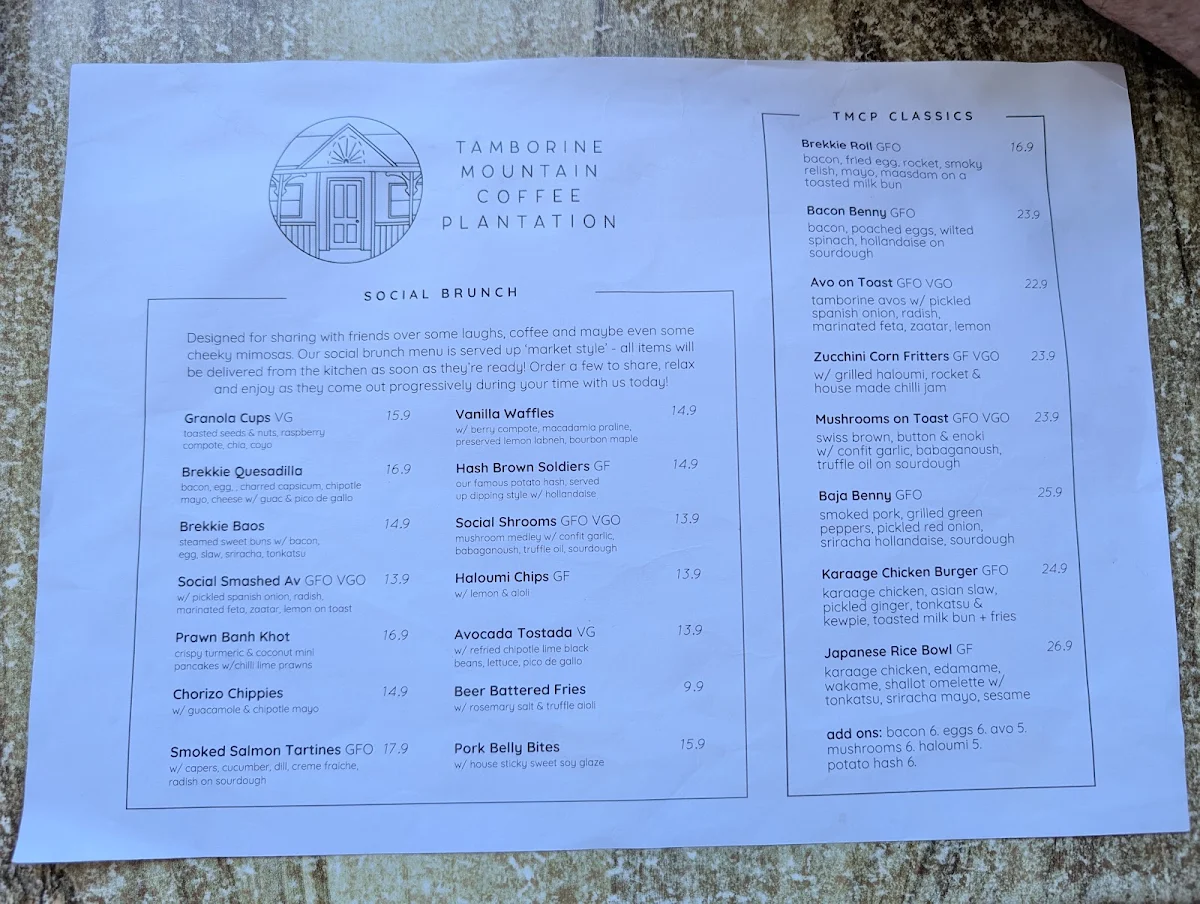 Menu, Tamborine Mountain Coffee Plantation