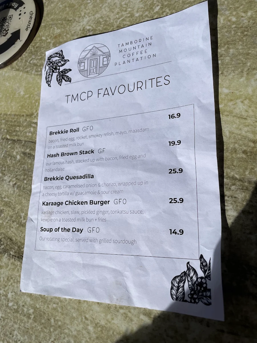 Menu, Tamborine Mountain Coffee Plantation