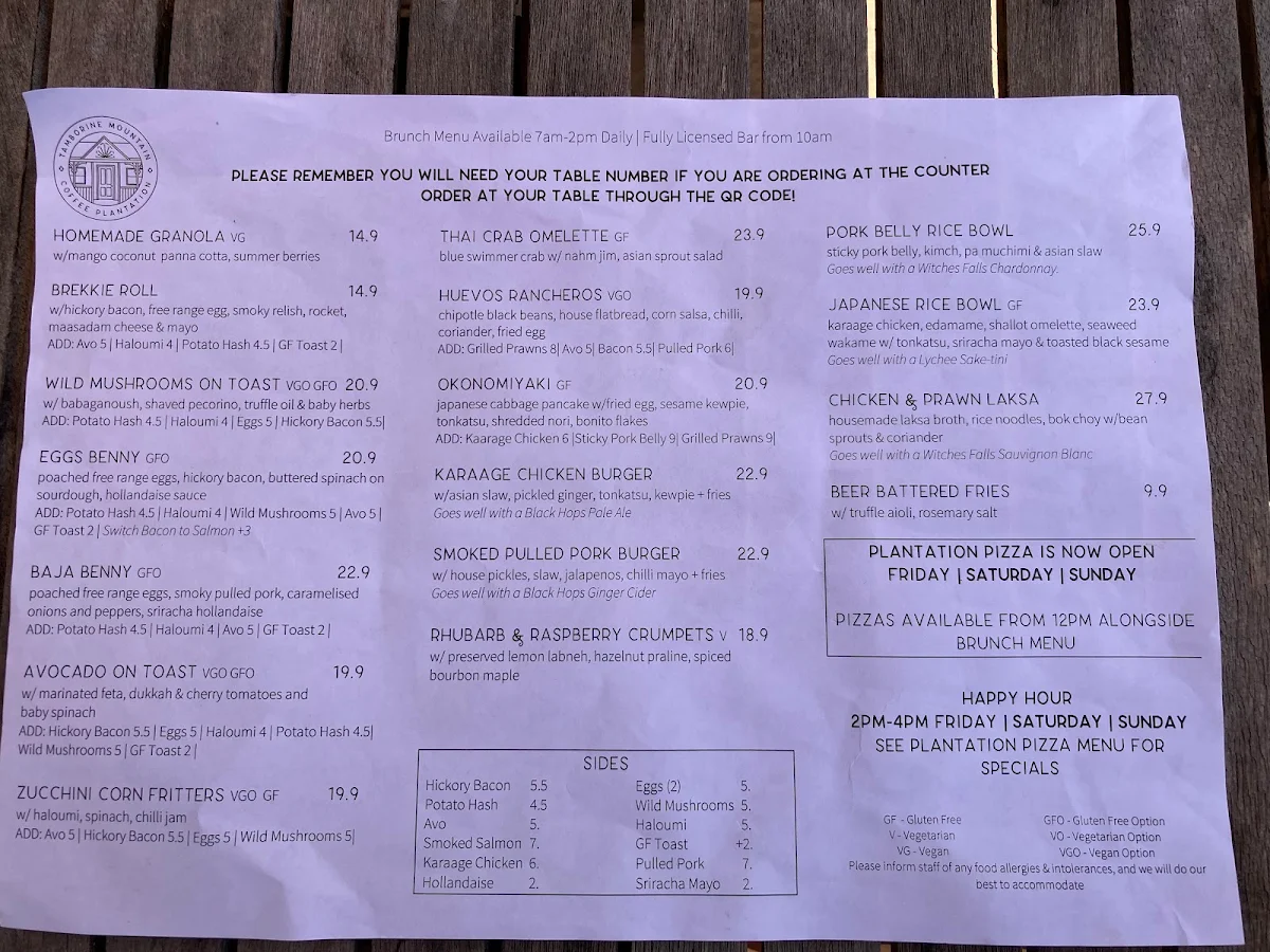 Menu, Tamborine Mountain Coffee Plantation
