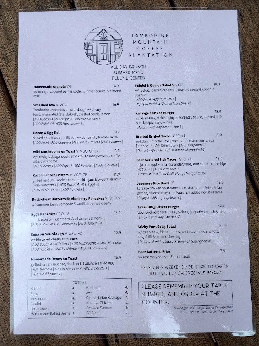 Menu, Tamborine Mountain Coffee Plantation