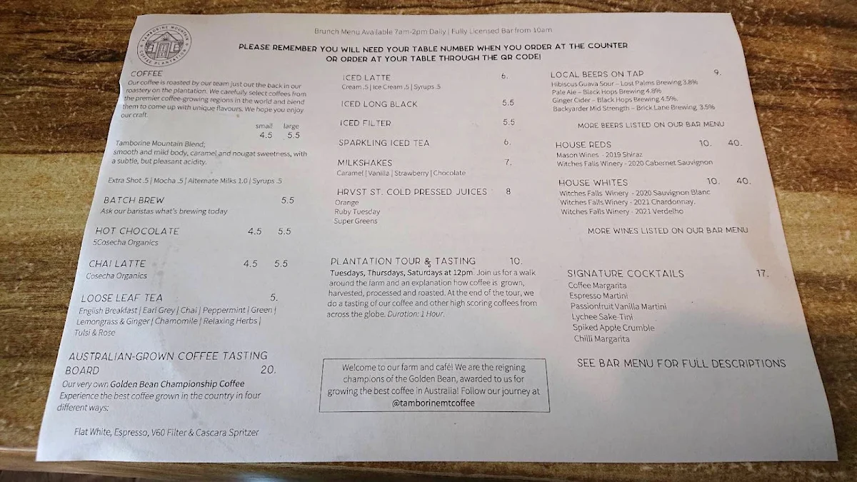 Menu, Tamborine Mountain Coffee Plantation
