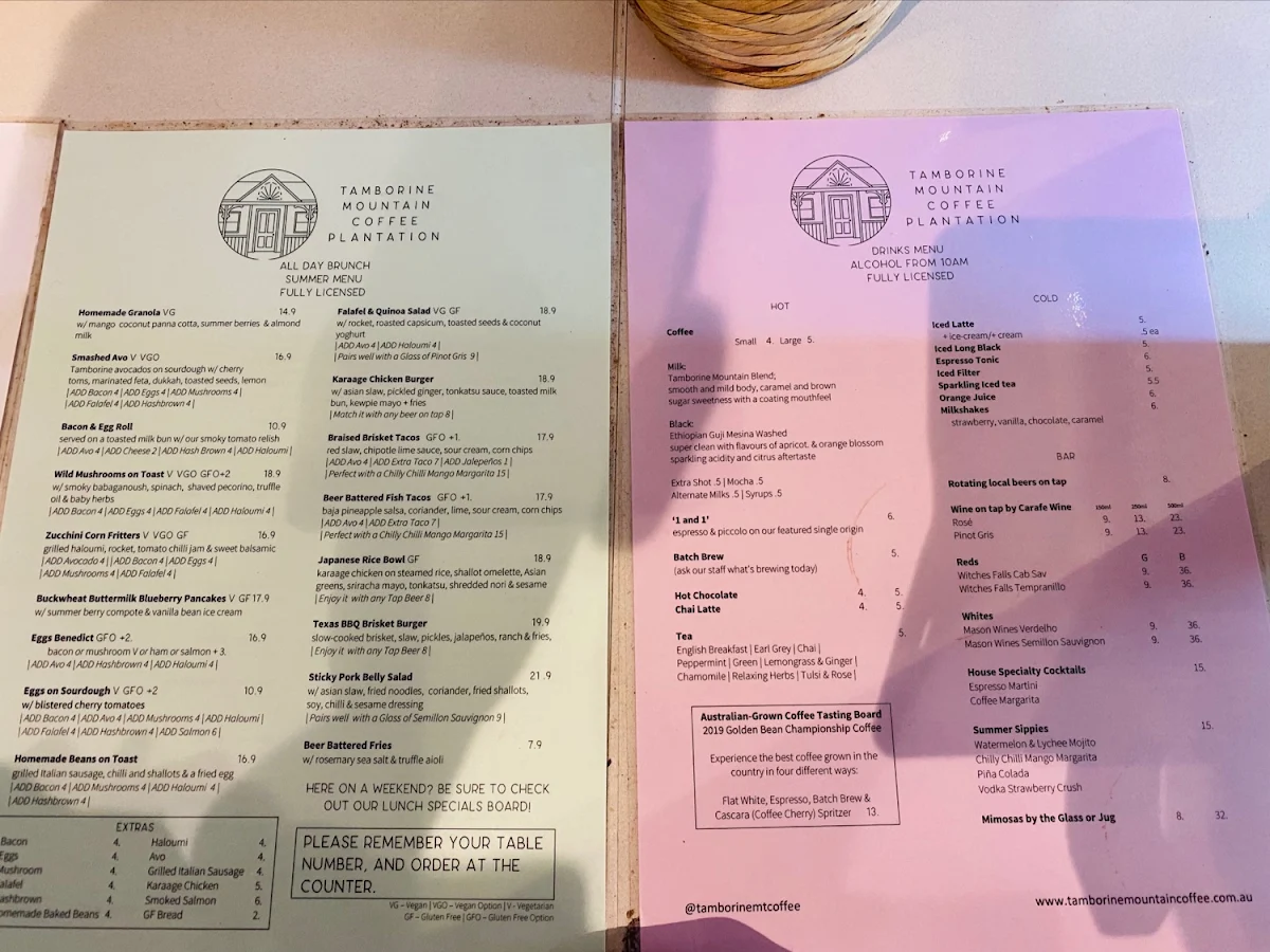 Menu, Tamborine Mountain Coffee Plantation