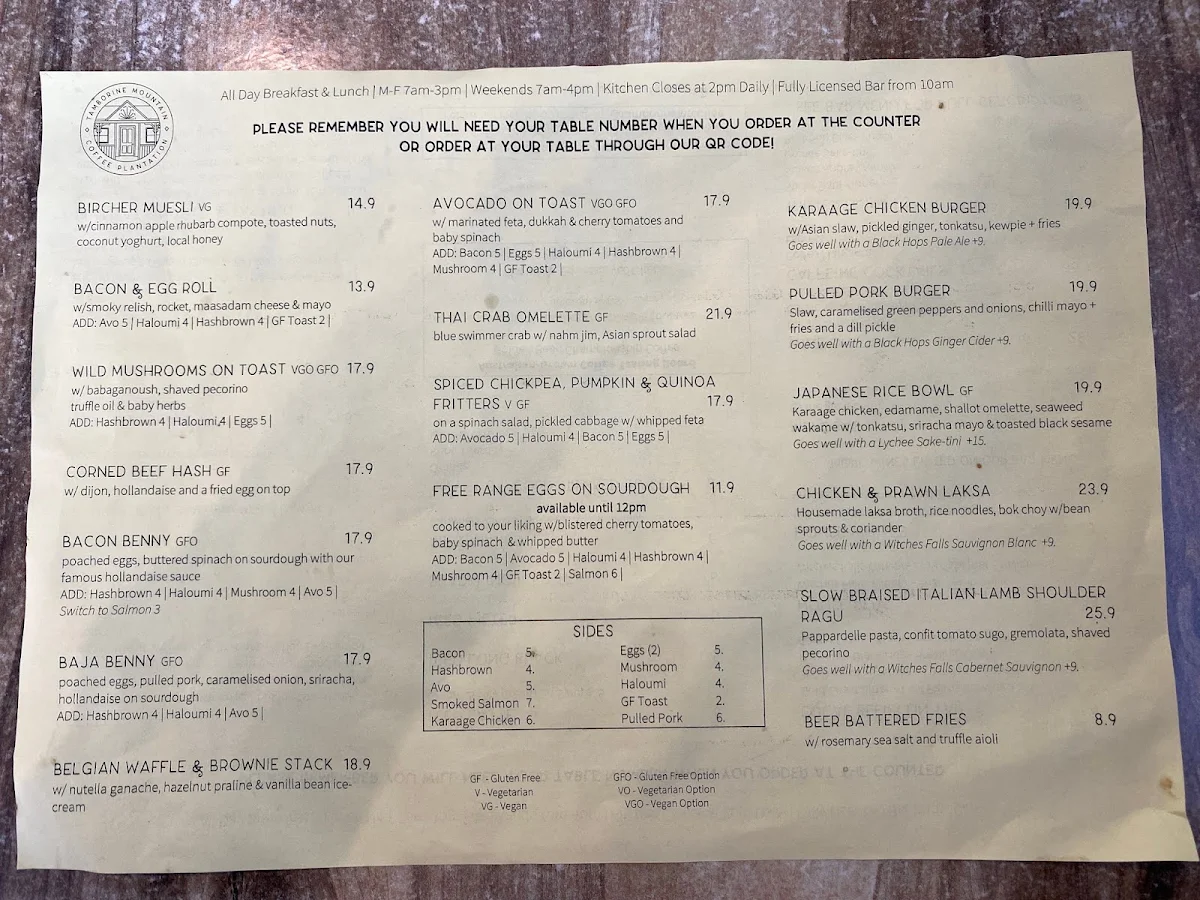 Menu, Tamborine Mountain Coffee Plantation