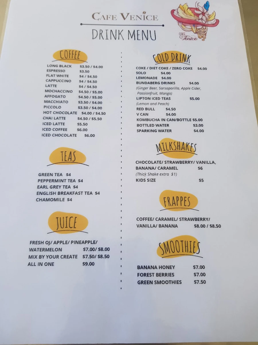 Menu, Cafe Venice