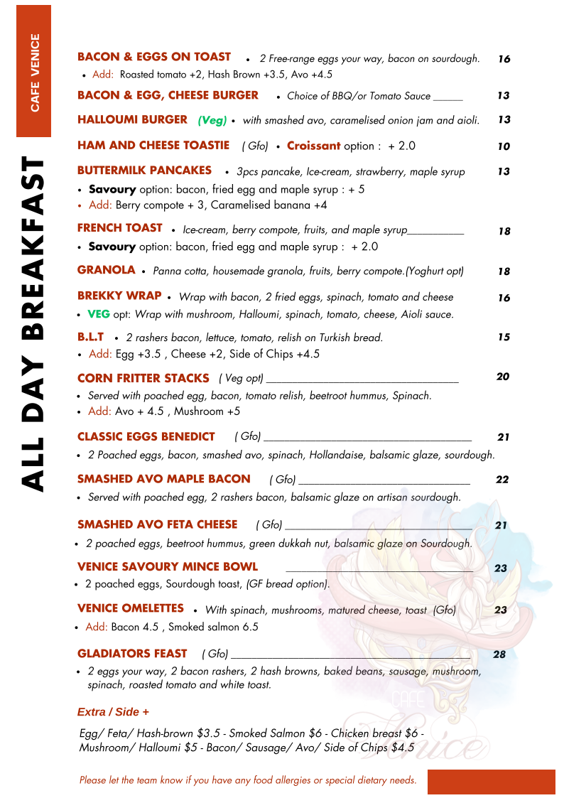 Menu, Cafe Venice