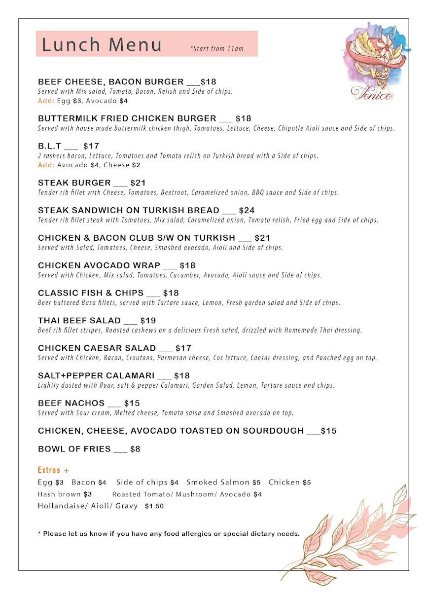 Menu, Cafe Venice