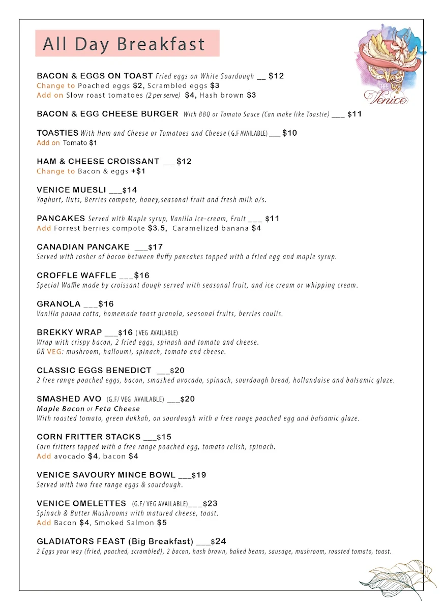 Menu, Cafe Venice
