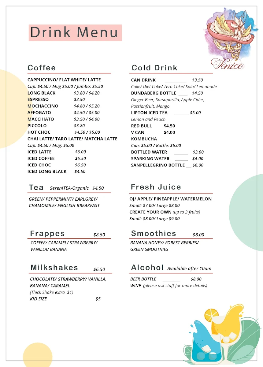 Menu, Cafe Venice
