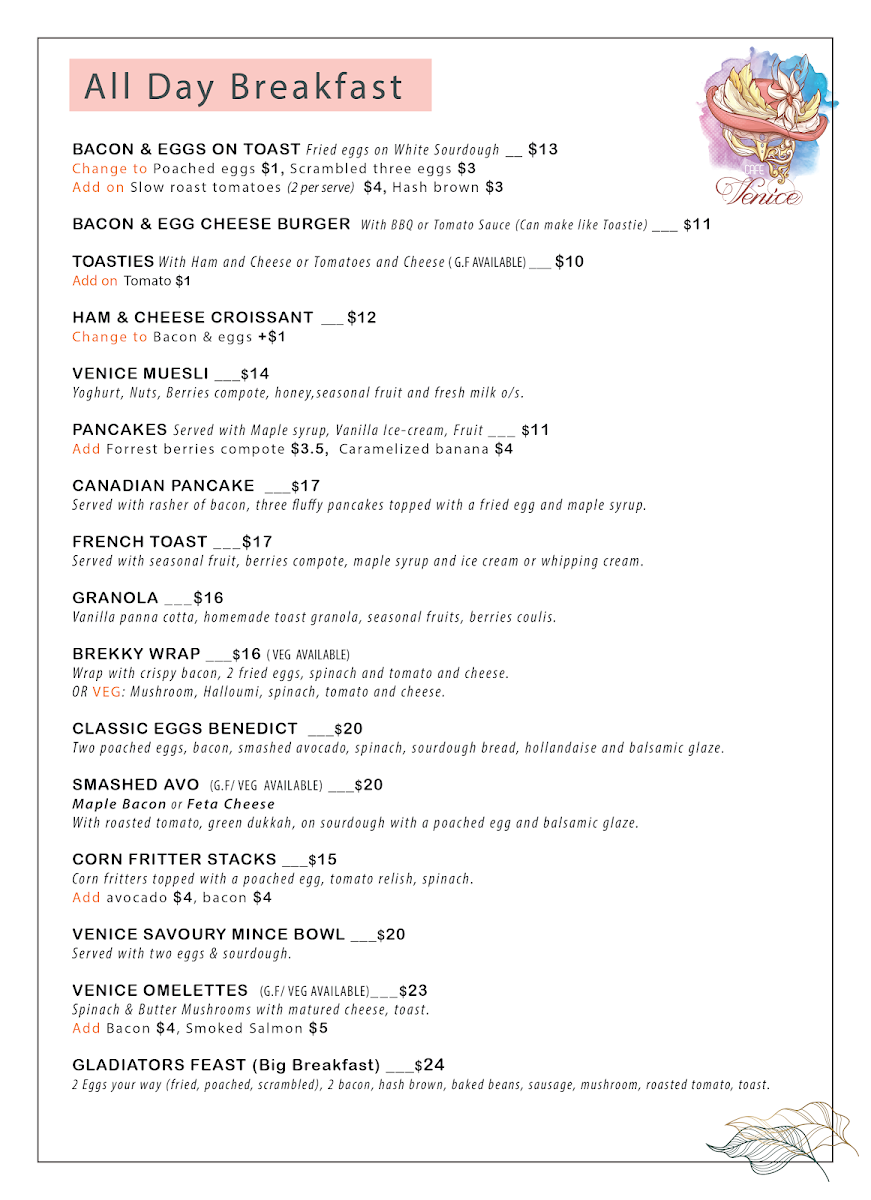Menu, Cafe Venice