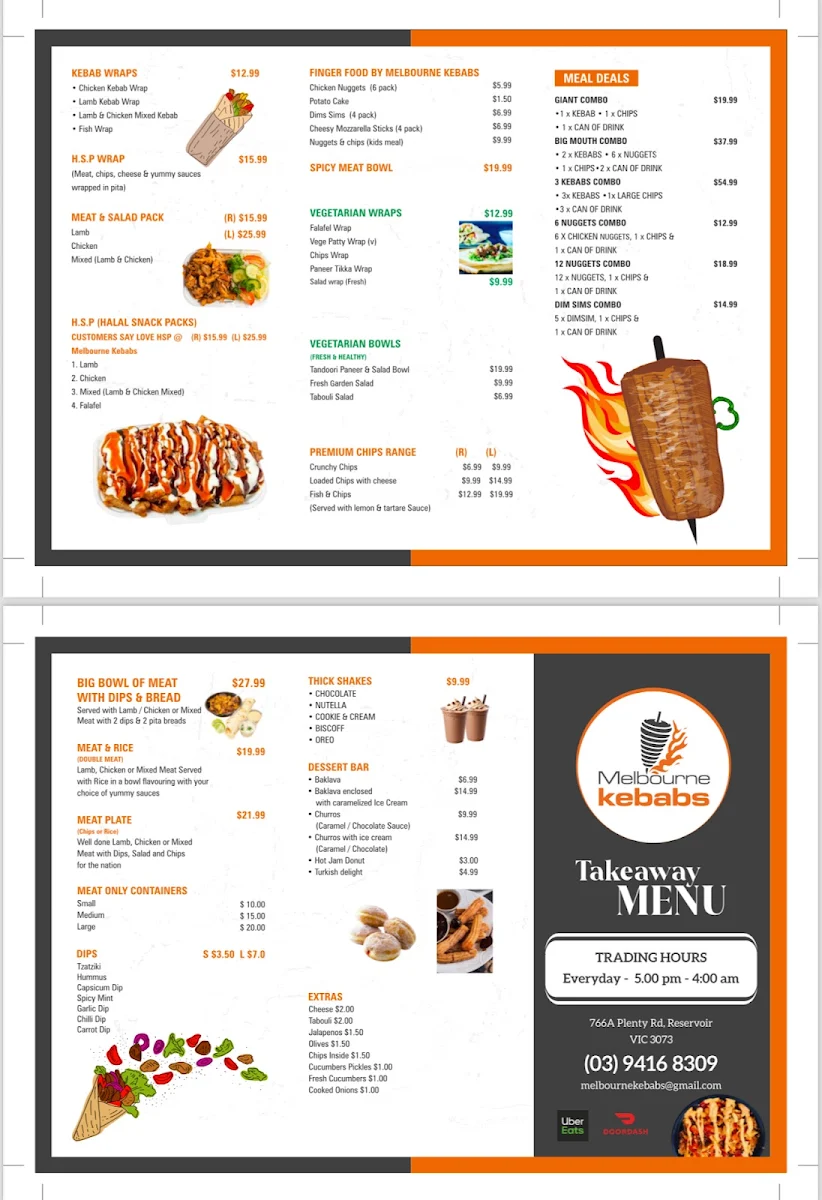 Menu, Melbourne Kebabs