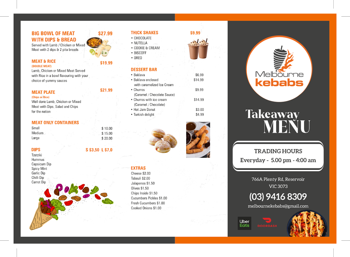 Menu, Melbourne Kebabs