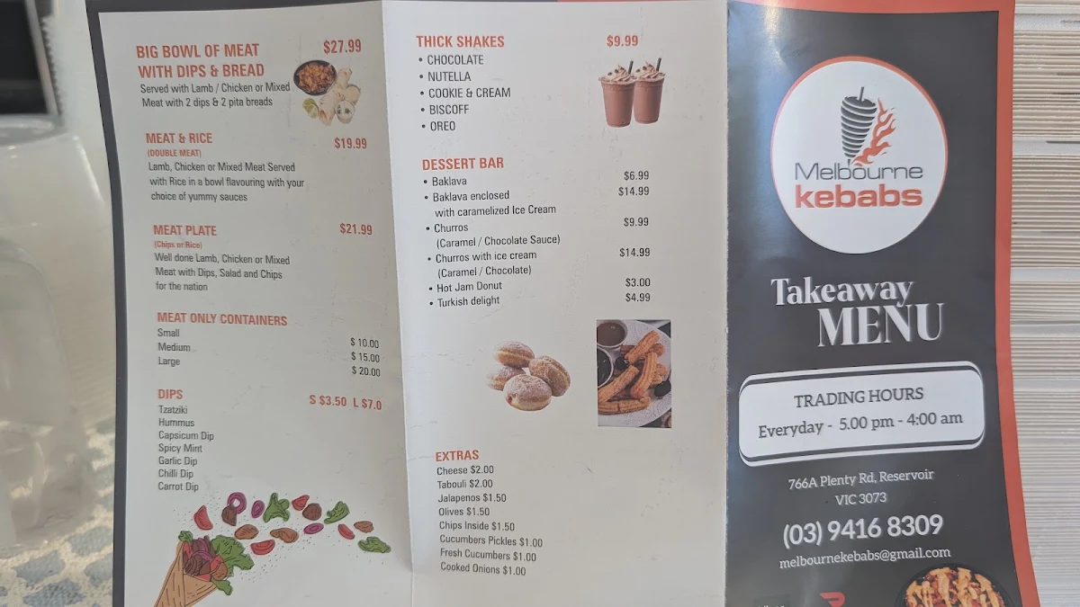 Menu, Melbourne Kebabs