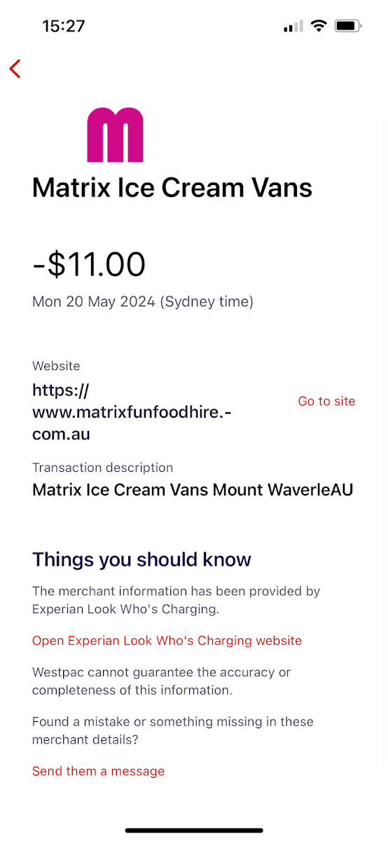 Menu, Melbourne Ice Cream Vans