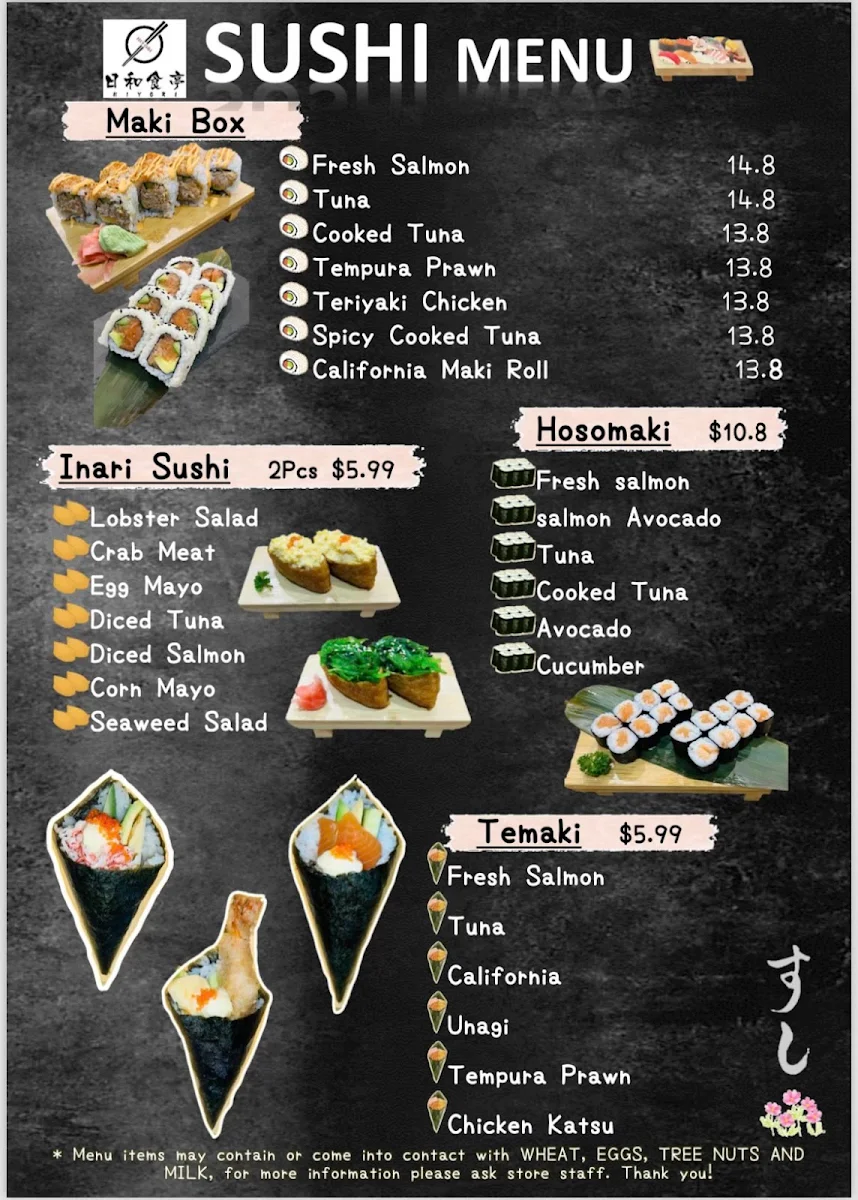 Menu, Hiyori Japanese House