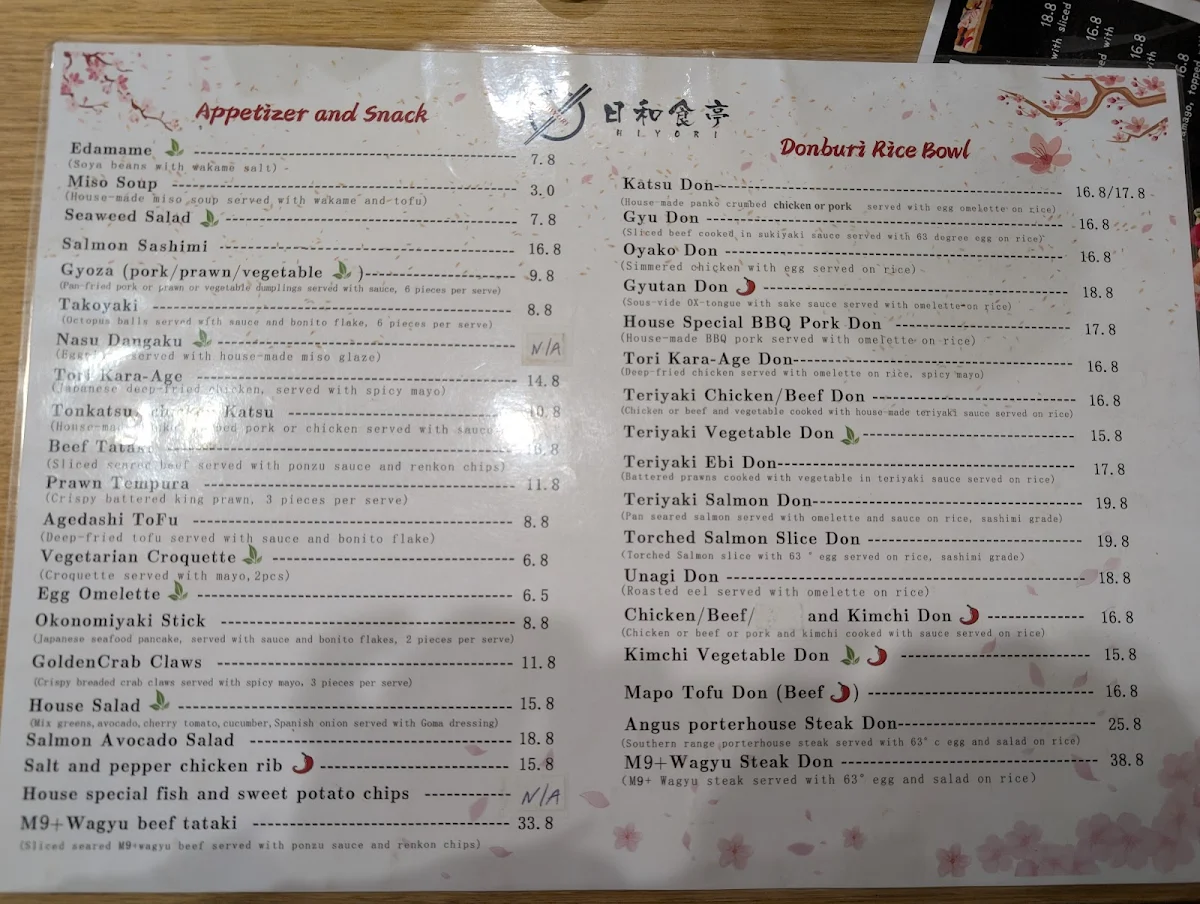 Menu, Hiyori Japanese House