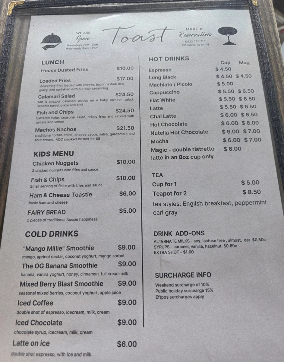 Menu, Toast Cafe