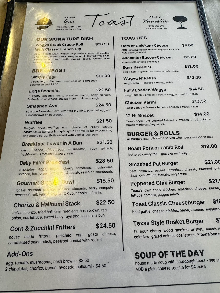 Menu, Toast Cafe