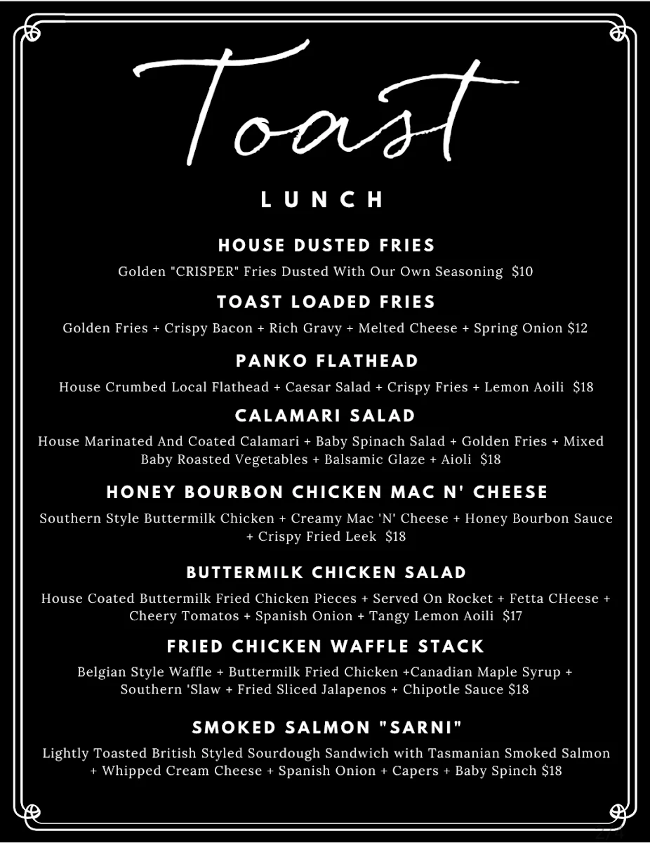 Menu, Toast Cafe