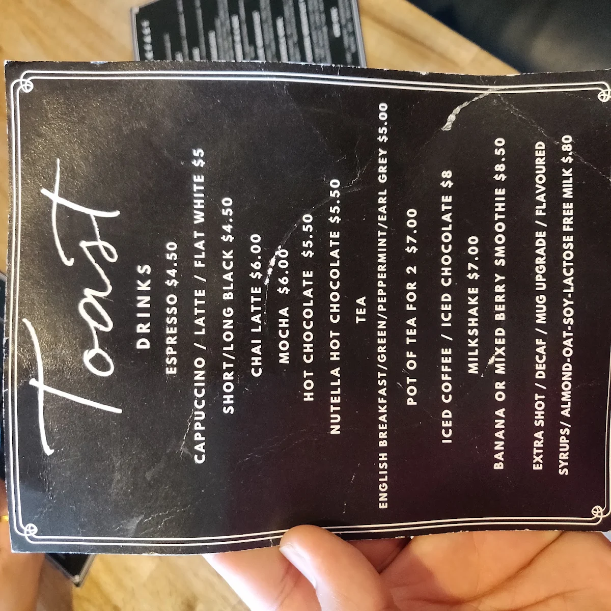 Menu, Toast Cafe