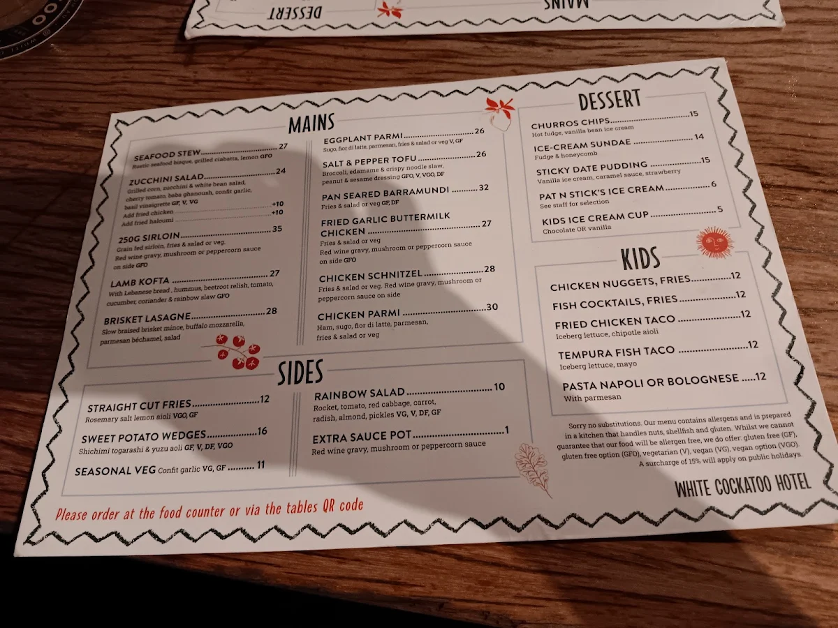 Menu, White Cockatoo Hotel