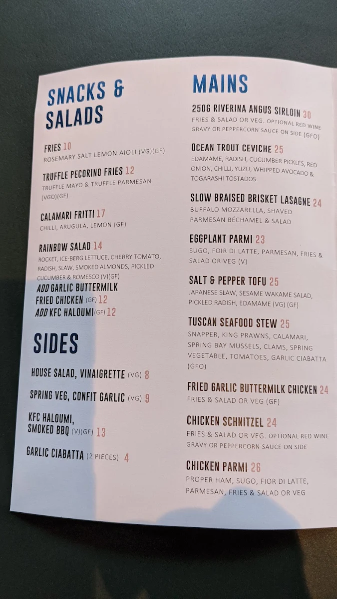 Menu, White Cockatoo Hotel