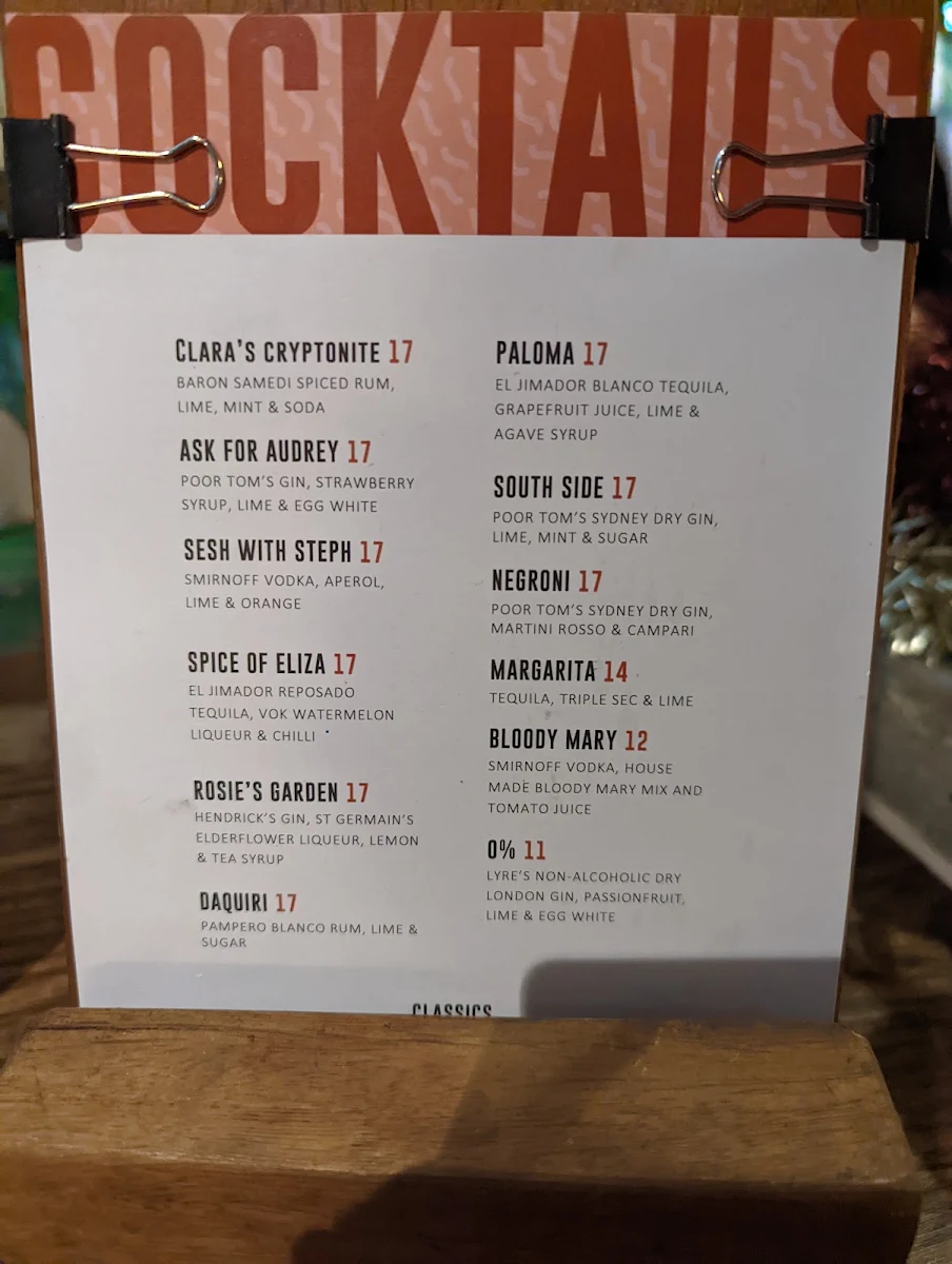 Menu, White Cockatoo Hotel