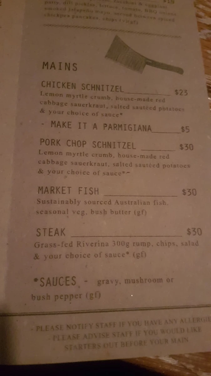 Menu, White Cockatoo Hotel