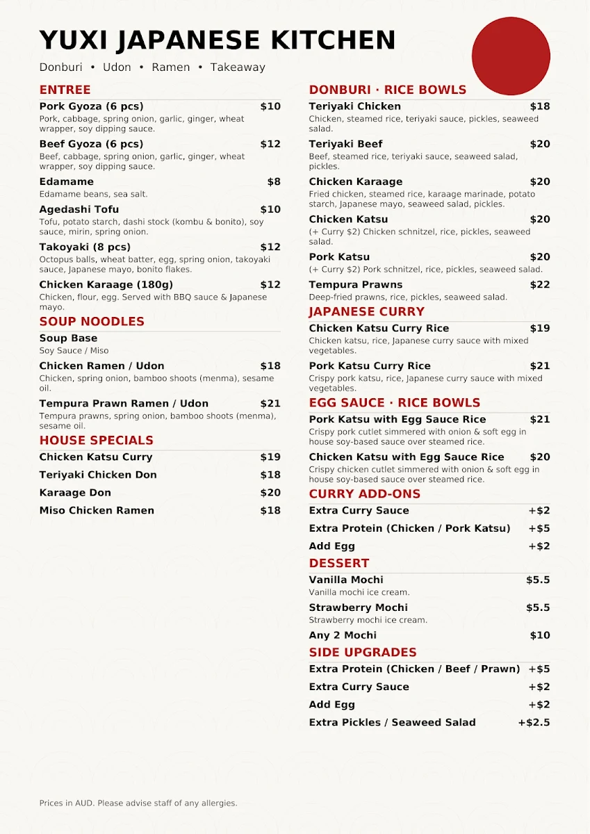 Menu, YUXI JAPANESE KITCHEN