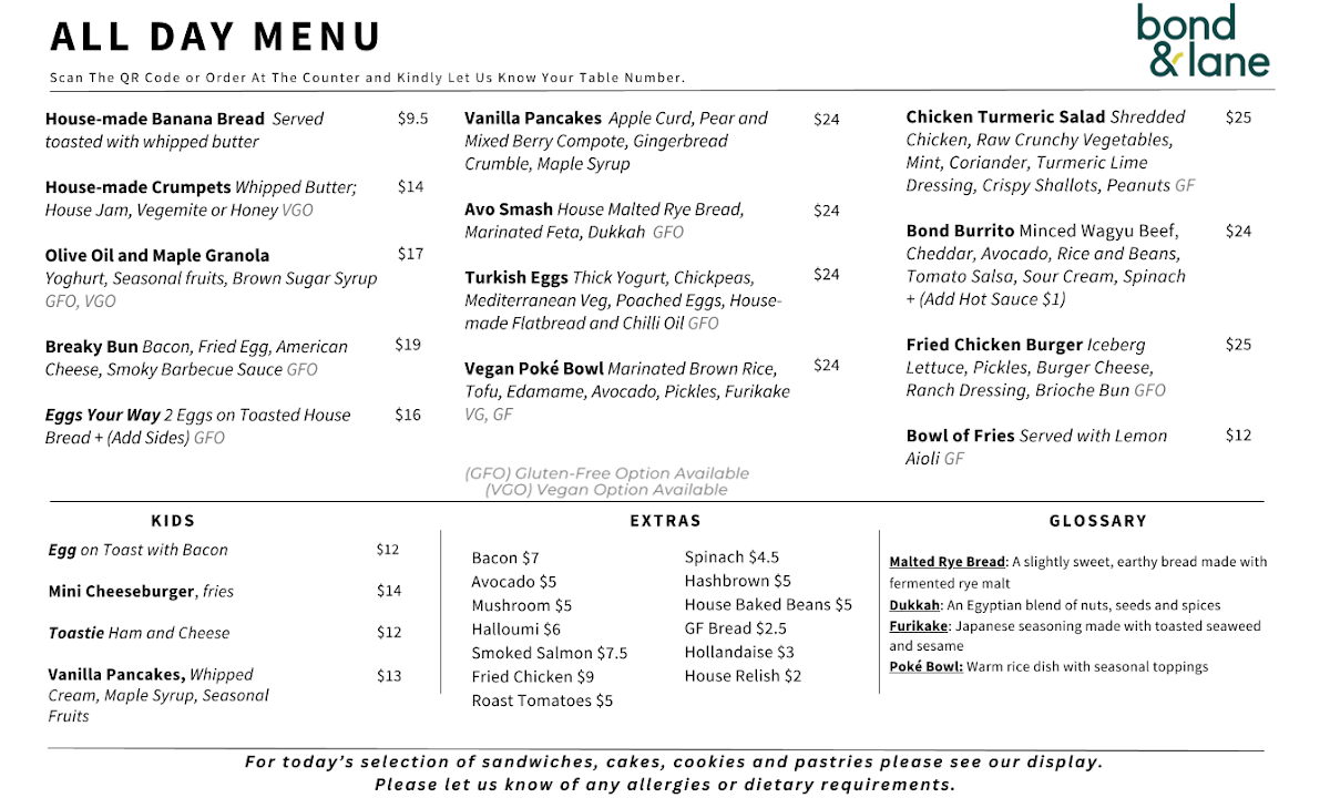 Menu, Bond and Lane